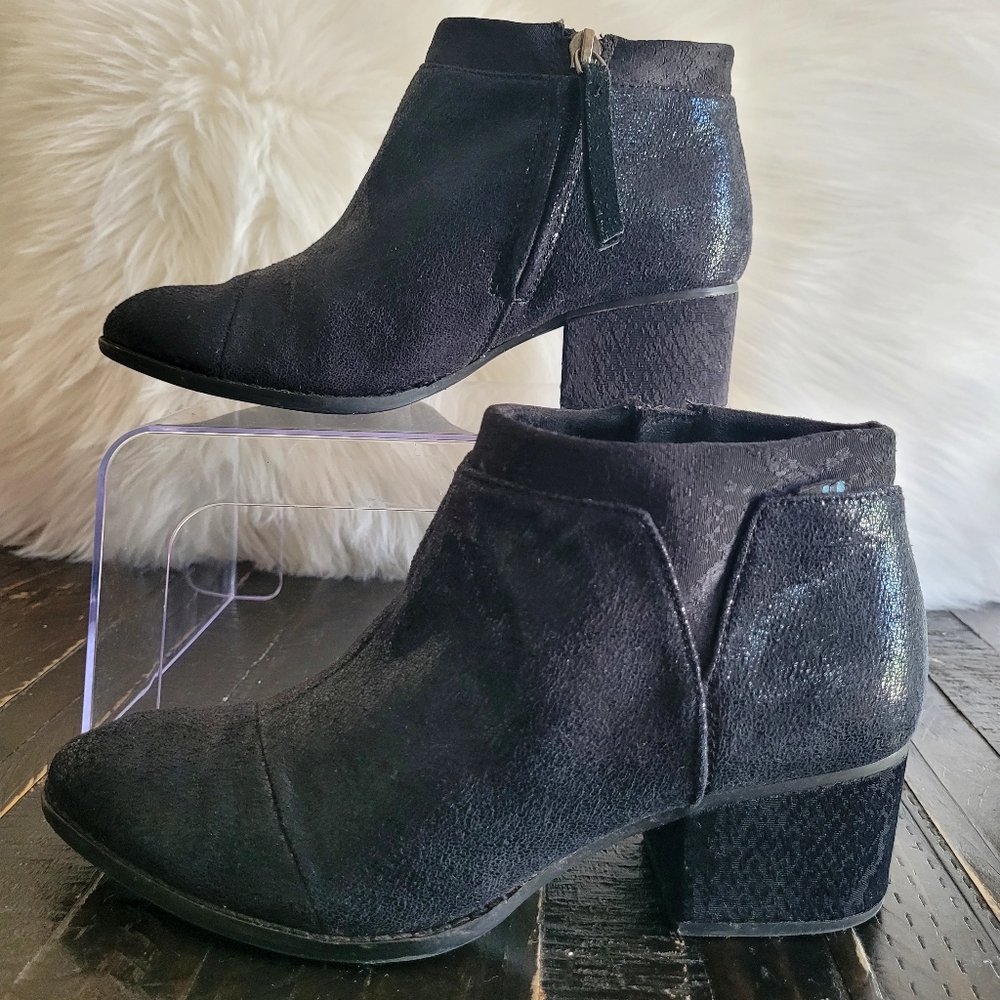Toms Loren Black Shiny Textile Snake Heel Ankle Boots Women's Size 6